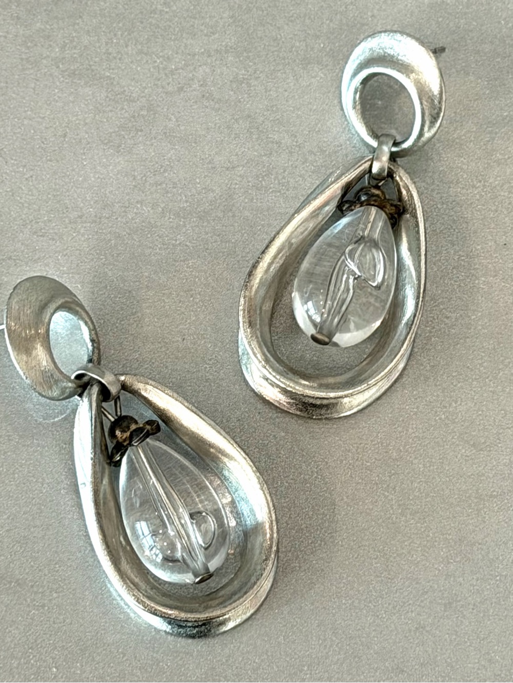 Chic Modernist Silvertone Open Teardrop Floating Clear Crystal Drop Earrings
